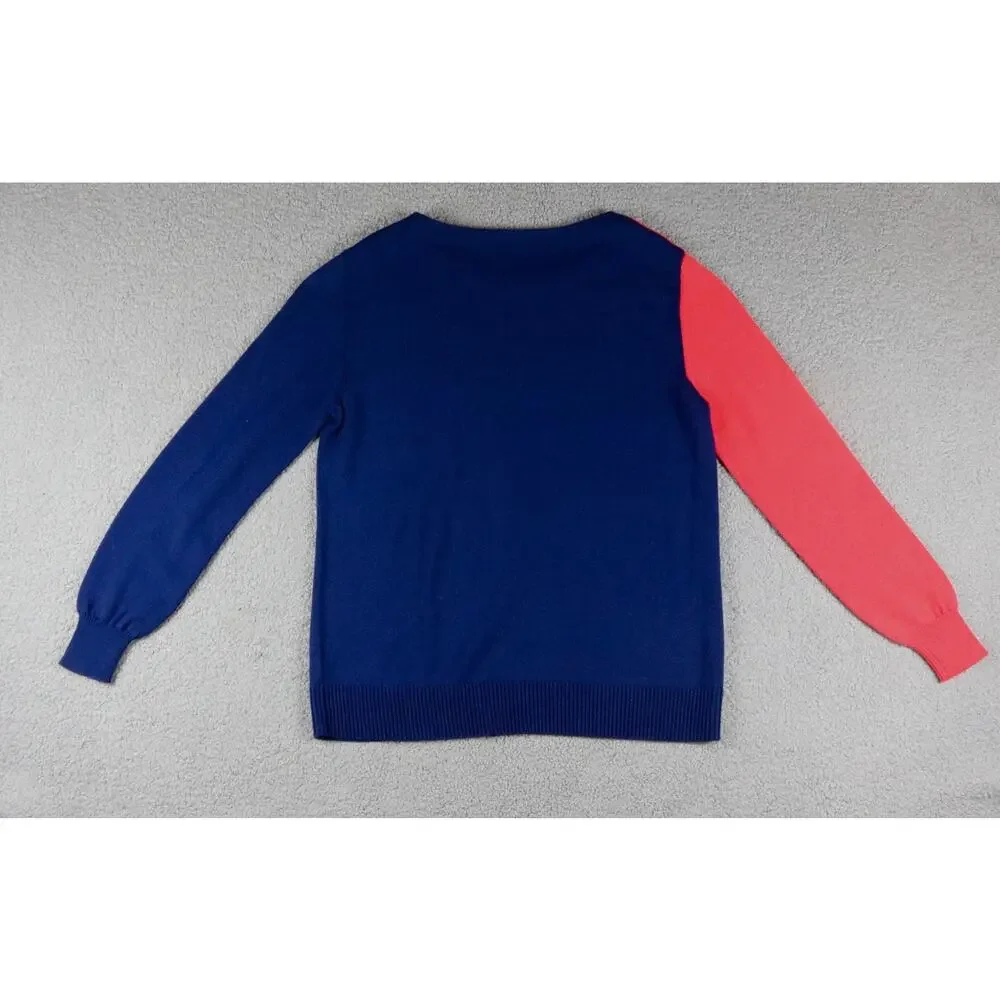 Tory Burch Sweater Womens L Red Orange Blue Colorblock Cotton Blend Pull Over